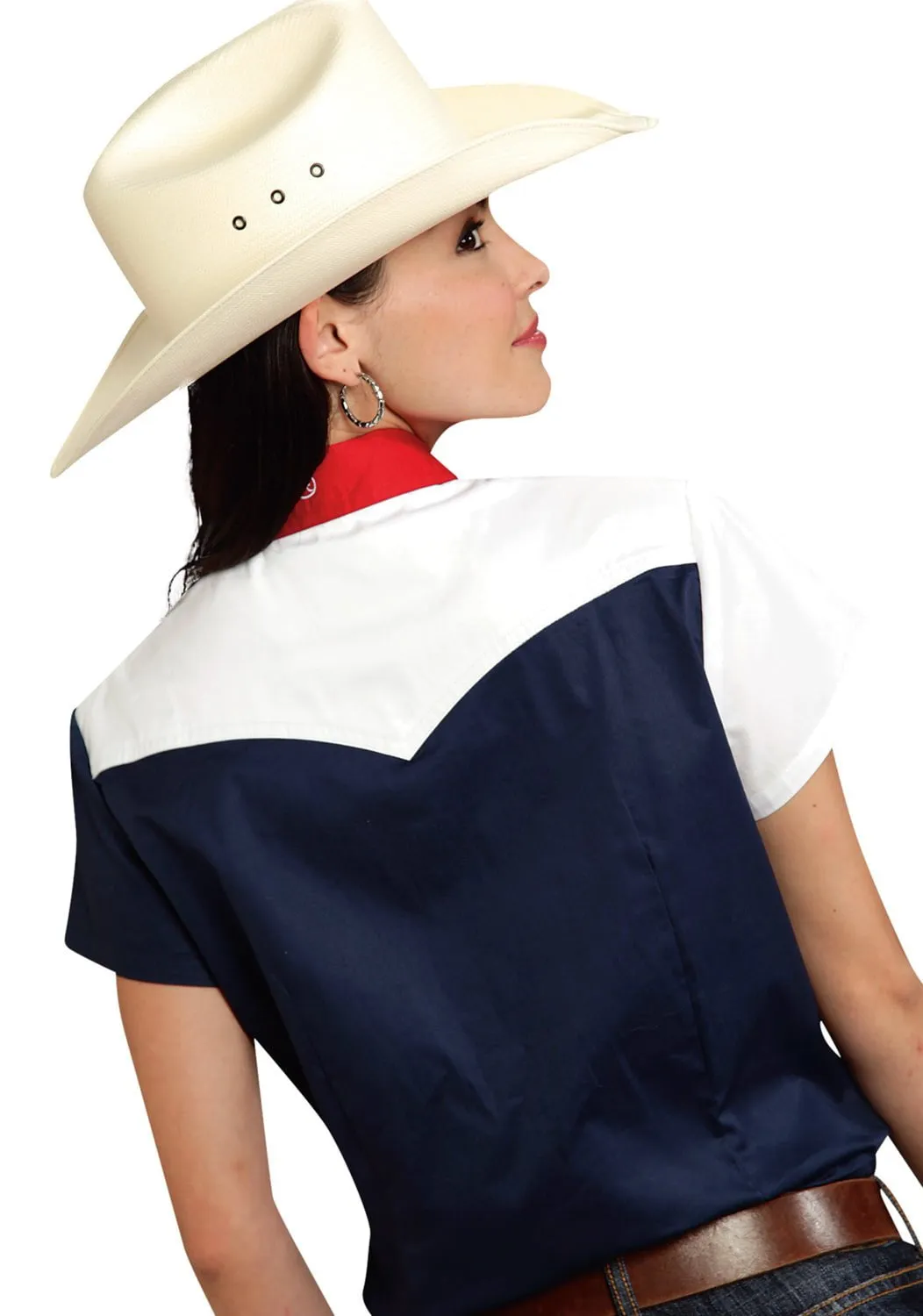 Roper Americana Ladies Blue 100% Cotton Colorblock S/S Flag Western Shirt Professional Look