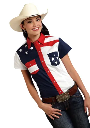 Double Layered Roper Americana Ladies Blue 100% Cotton Colorblock S/S Flag Western Shirt Roper Americana Ladies Blue 100% Cotton Colorblock S/S Flag Western Shirt comfortable option