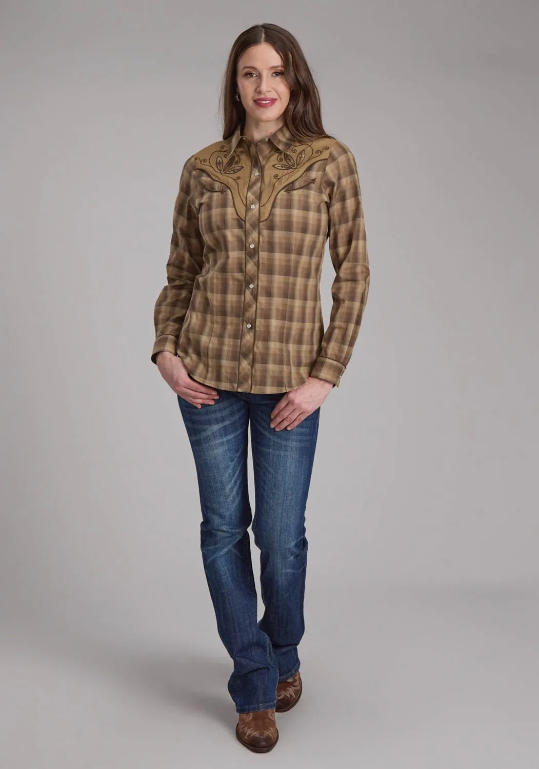 Roper Womens 2129 Ombre Plaid Brown/Tan Cotton Blend L/S Shirt Tropical theme Sheer Panel