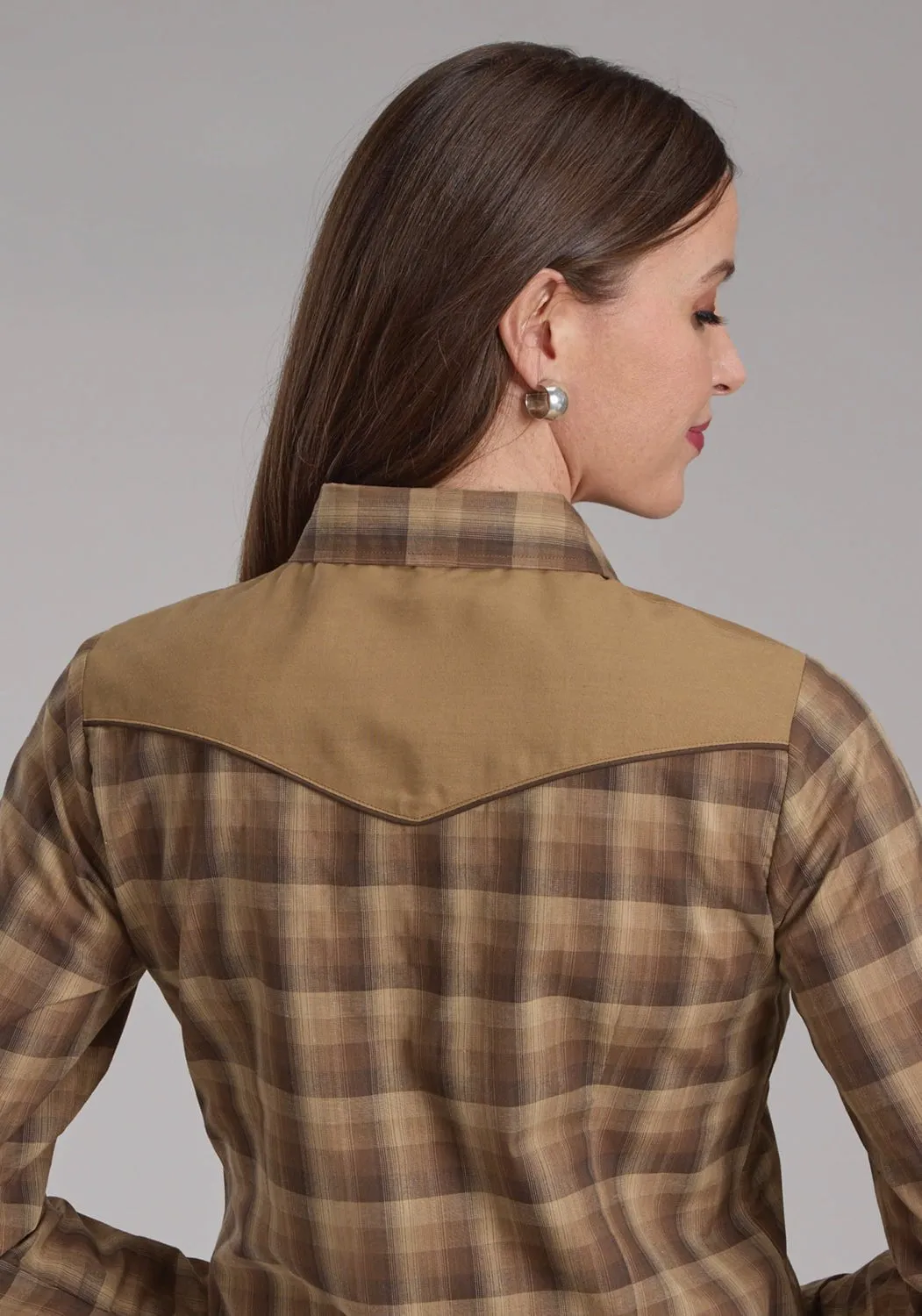 Geometric Print Stretchable Material Roper Womens 2129 Ombre Plaid Brown/Tan Cotton Blend L/S Shirt
