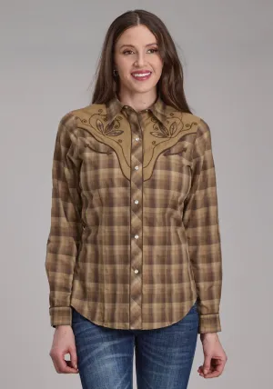 Double-Layered Roper Womens 2129 Ombre Plaid Brown/Tan Cotton Blend L/S Shirt Ergonomic Back Panel Roper Womens 2129 Ombre Plaid Brown/Tan Cotton Blend L/S Shirt