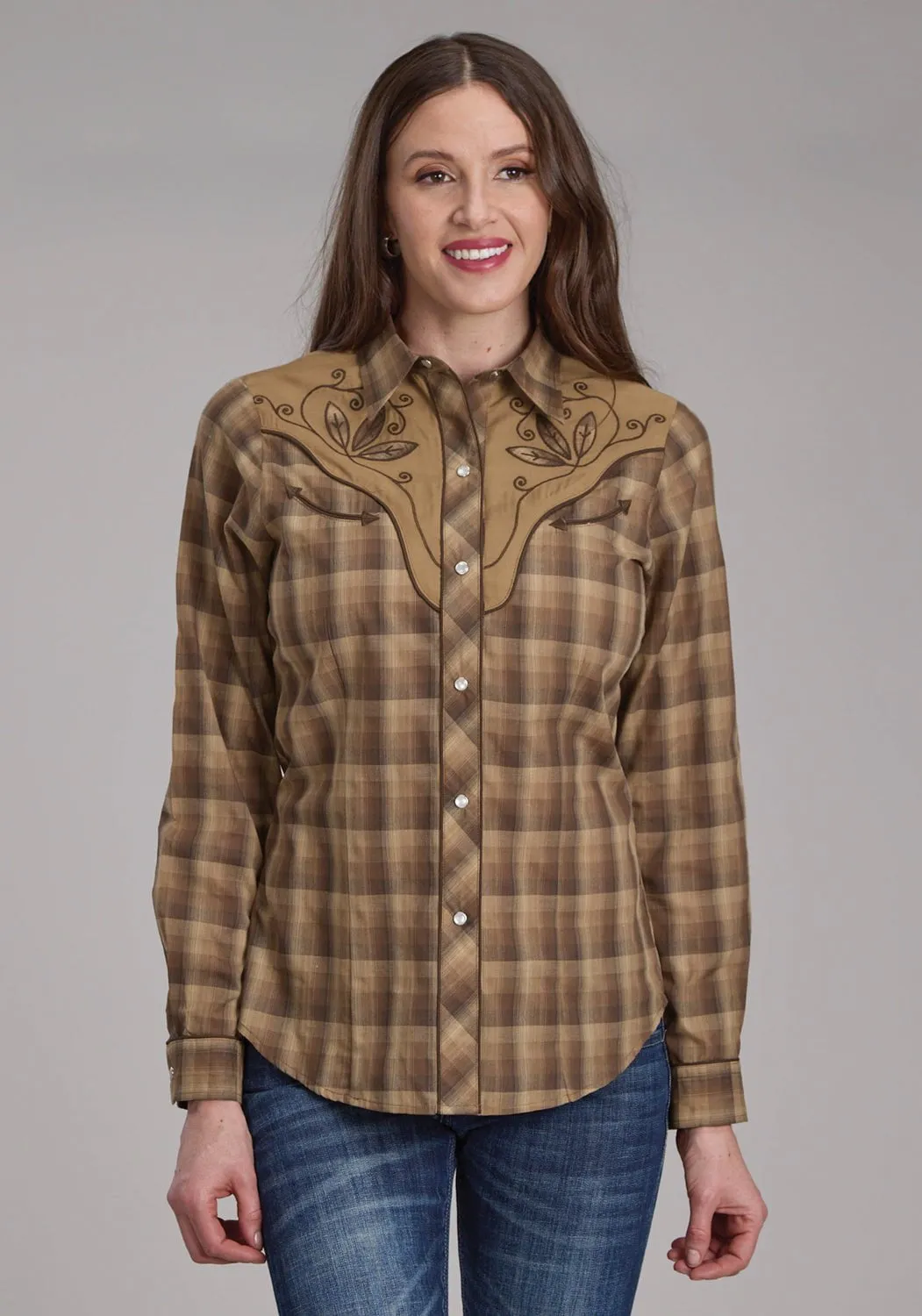 Non Iron Material Quality Look Roper Womens 2129 Ombre Plaid Brown/Tan Cotton Blend L/S Shirt