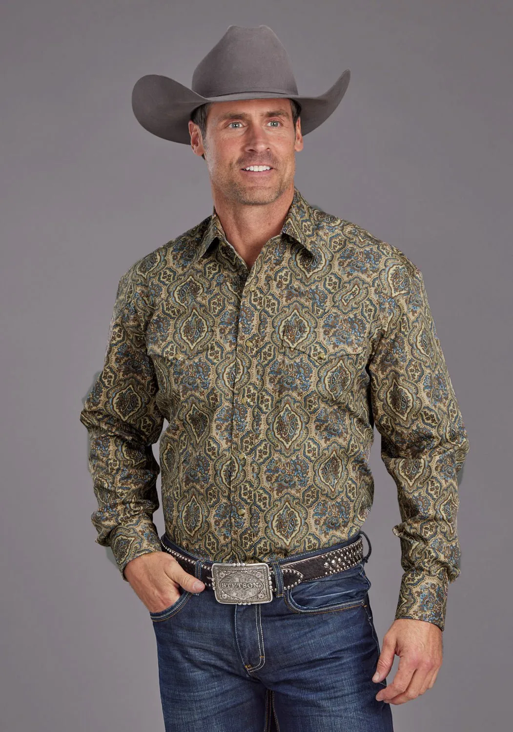 Stetson Mens Frontier Medallion Brown 100% Cotton L/S Shirt Hooded Neckline