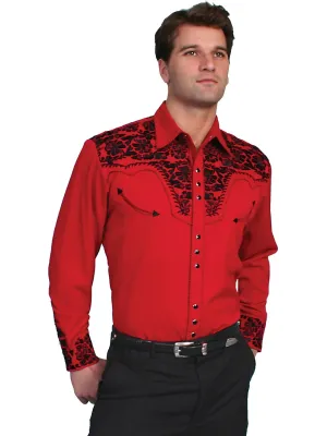 Double Stitched Edges Scully Mens Floral Tooled Embroidery Red Poly/Rayon L/S Shirt Glossy Texture Trend-Driven Scully Mens Floral Tooled Embroidery Red Poly/Rayon L/S Shirt
