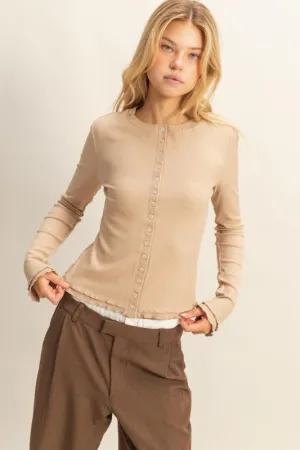 Double Stitched Hem Lorelei Long Sleeve Ribbed Button Down Fashion Knit Top Casual Vibe Slim Fit Design Lorelei Long Sleeve Ribbed Button Down Fashion Knit Top
