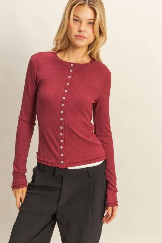 Luxurious Bold Design Lorelei Long Sleeve Ribbed Button Down Fashion Knit Top