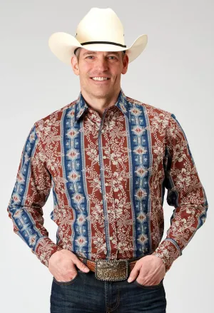 Double Stitched Seams Roper Mens 1893 Vertical Tropical Aztec Red 100% Cotton L/S Shirt Wrinkle-Resistant Tall friendly Roper Mens 1893 Vertical Tropical Aztec Red 100% Cotton L/S Shirt