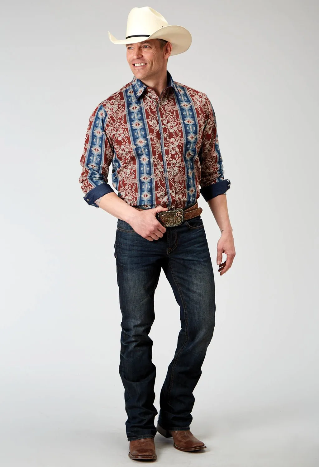Roper Mens 1893 Vertical Tropical Aztec Red 100% Cotton L/S Shirt Plaid Design Subtle Details