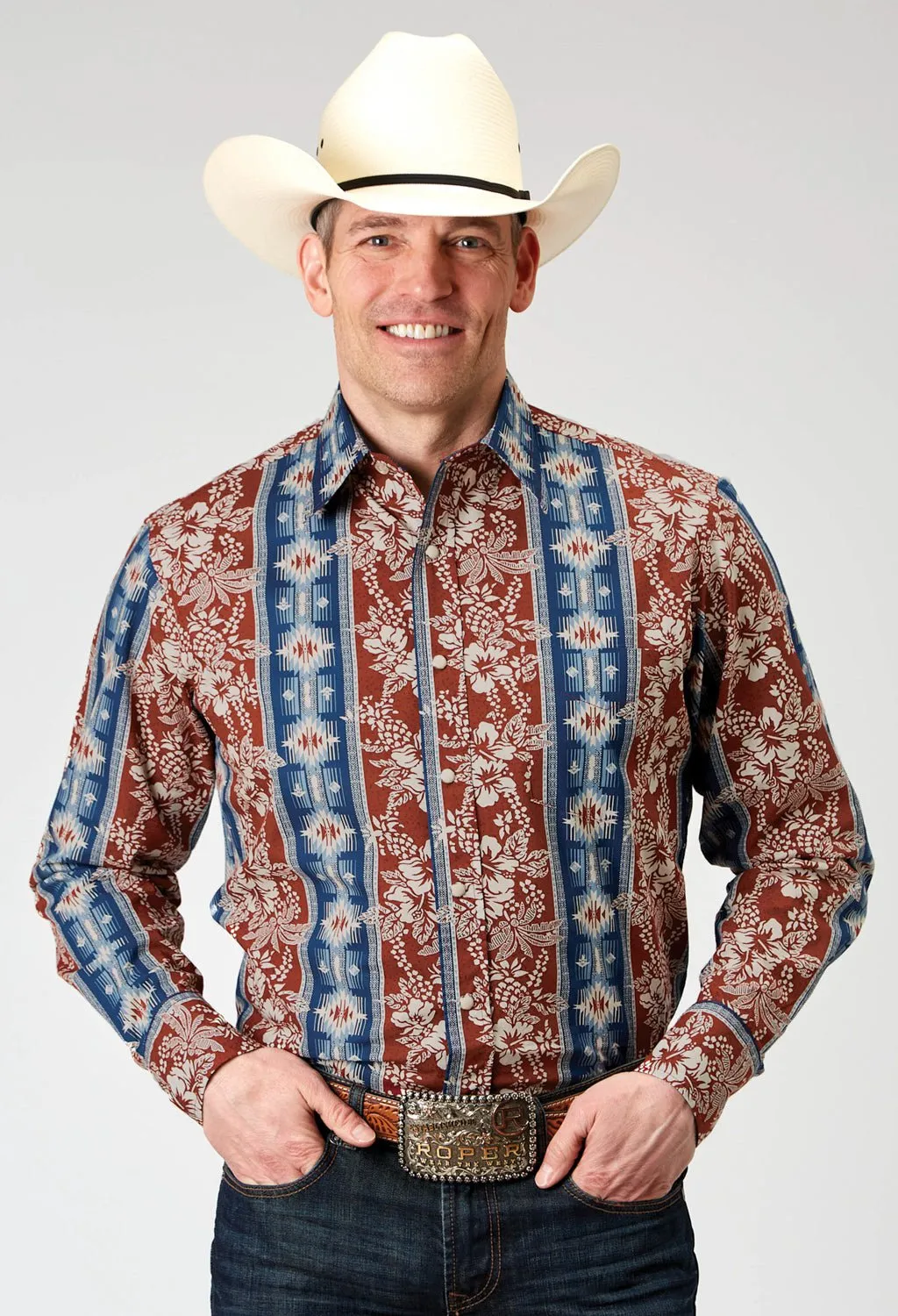 Roper Mens 1893 Vertical Tropical Aztec Red 100% Cotton L/S Shirt ethical fashion