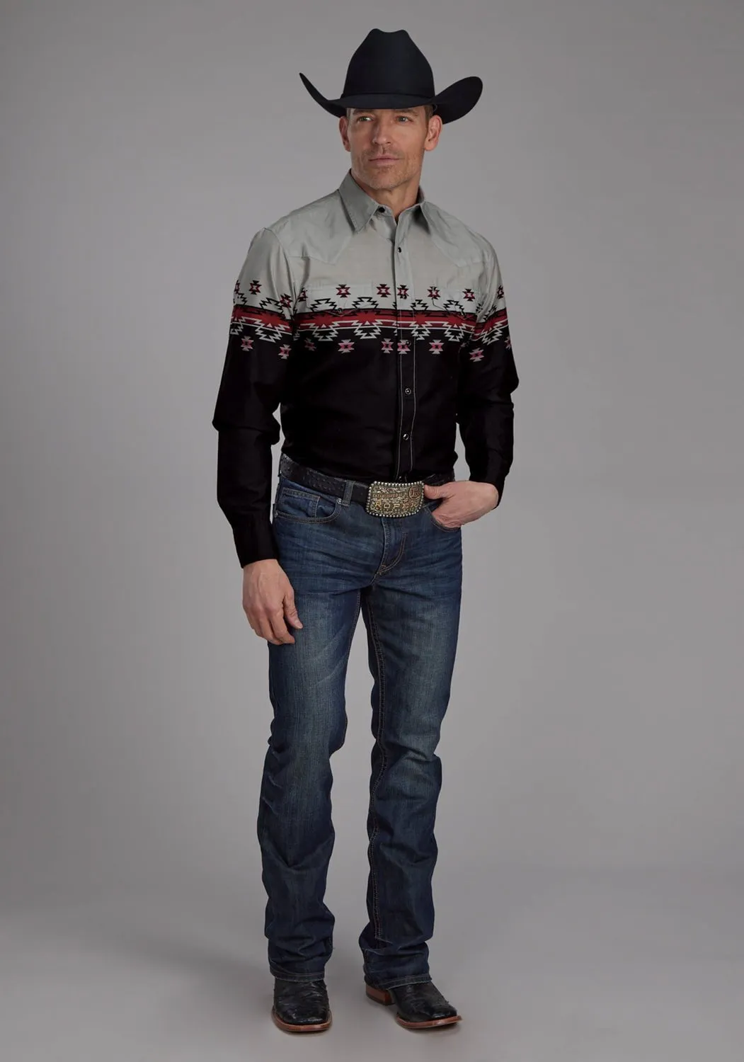 Temperature Regulating Roper Mens Ombre Aztec Border Black/Grey 100% Cotton L/S Shirt