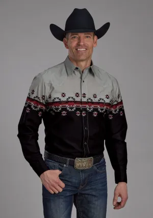 Double Stitched Seams Roper Mens Ombre Aztec Border Black/Grey 100% Cotton L/S Shirt Roper Mens Ombre Aztec Border Black/Grey 100% Cotton L/S Shirt Soft Stretch Collar Country Charm