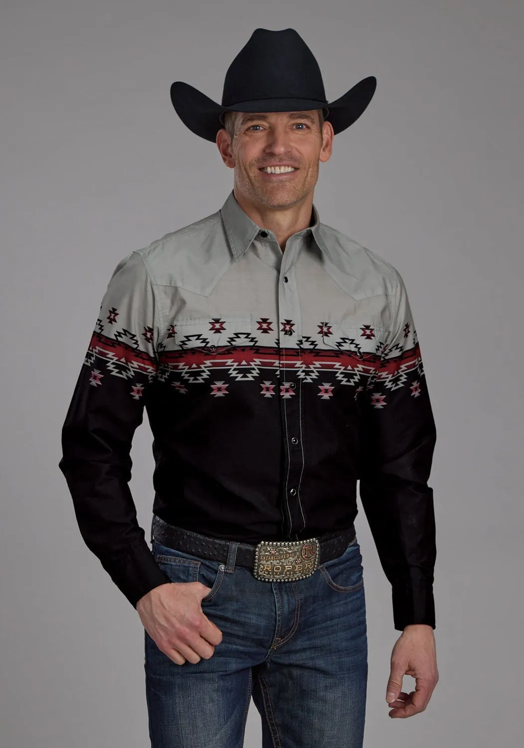 Roper Mens Ombre Aztec Border Black/Grey 100% Cotton L/S Shirt Soft Stretch Collar Country Charm