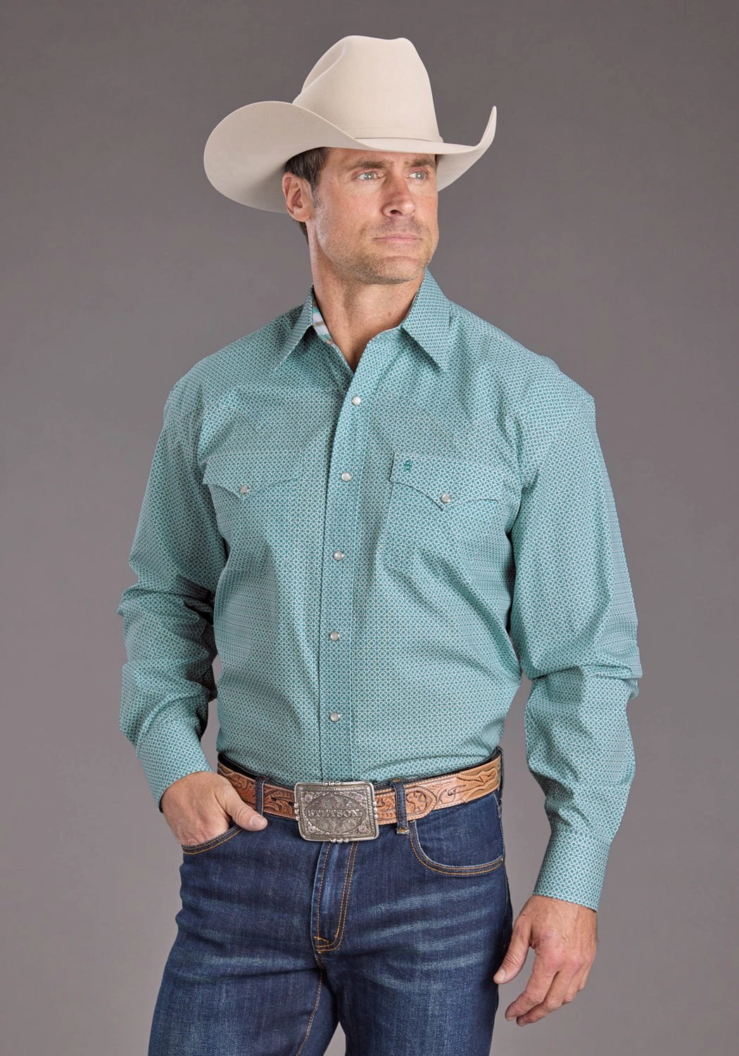 Stetson Mens 2400 Mosaic Geo Blue 100% Cotton L/S Shirt hypoallergenic
