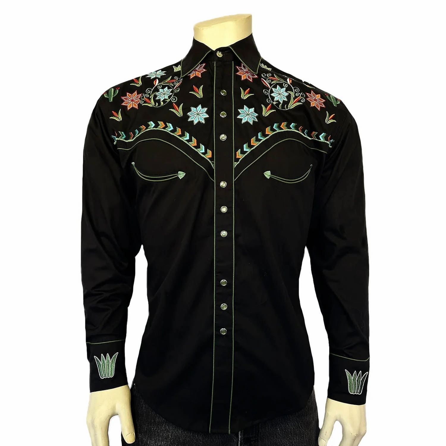 Rockmount Mens Agave Cactus Floral Black 100% Cotton L/S Shirt Sleek Style