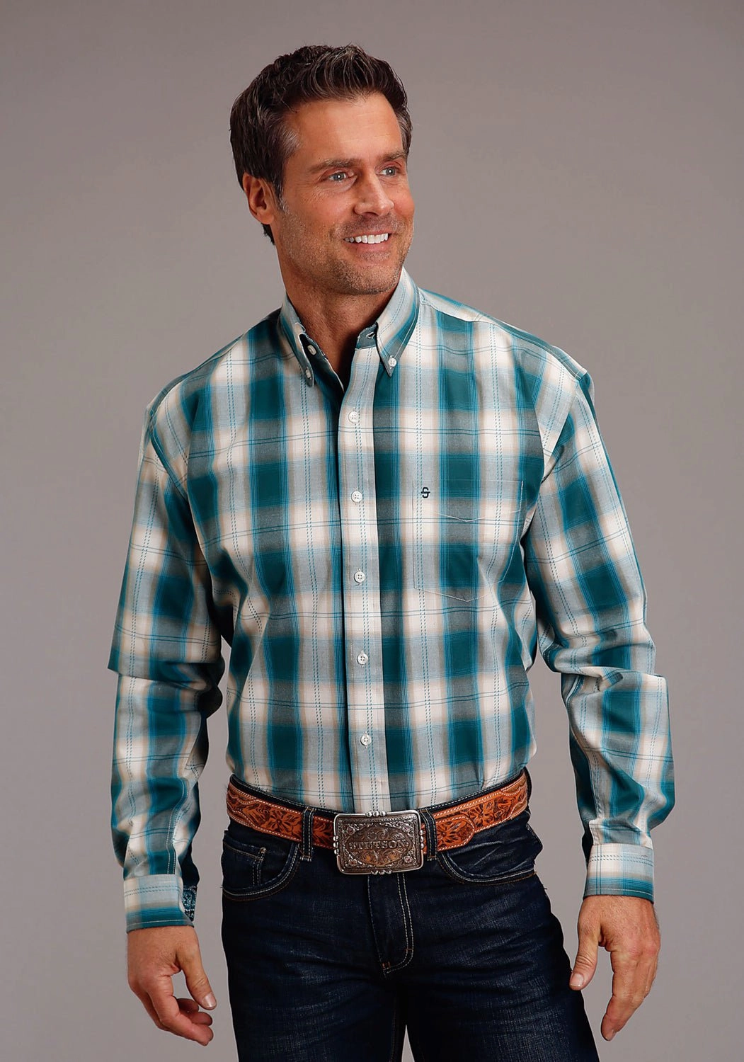Stetson Mens Forest Shade Plaid Green 100% Cotton L/S Shirt Multipocket Style