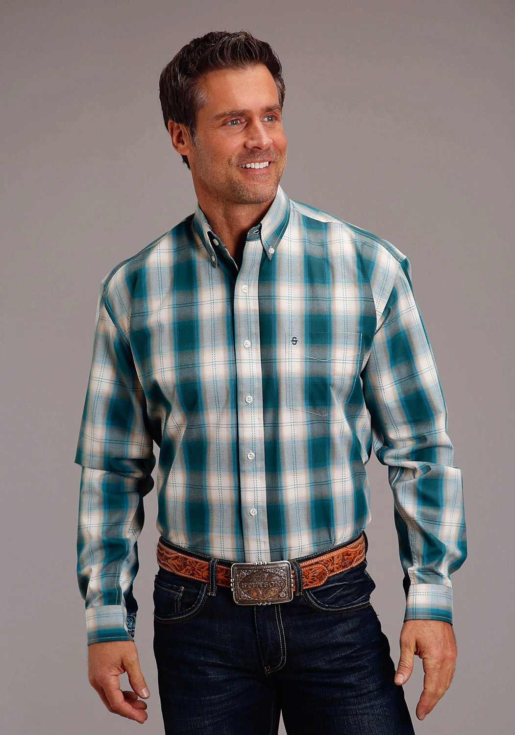 Elegant Finish Stetson Mens Forest Shade Plaid Green 100% Cotton L/S Shirt