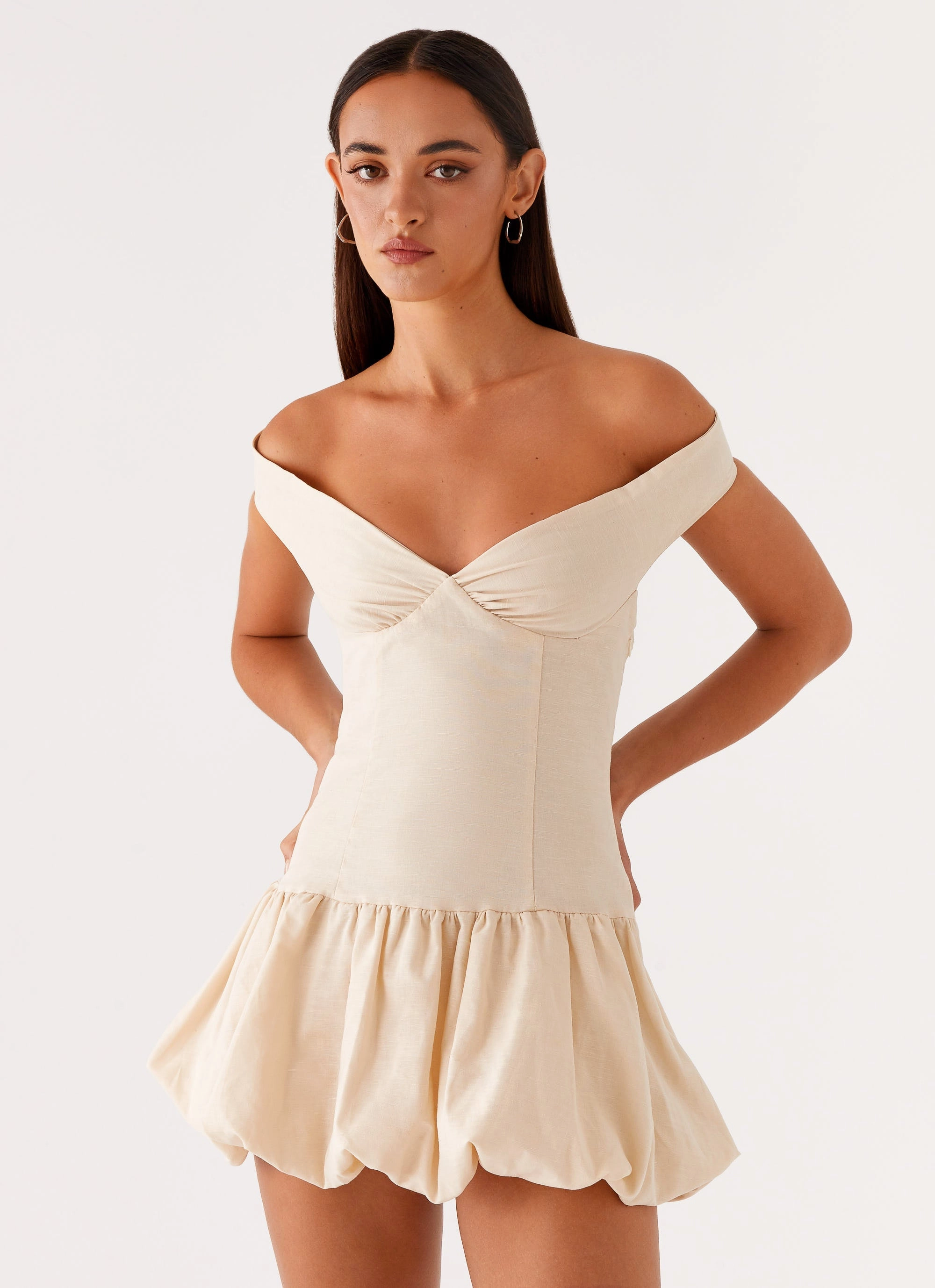 Flexible Fabric Endless Romance Off Shoulder Mini Dress - Butter