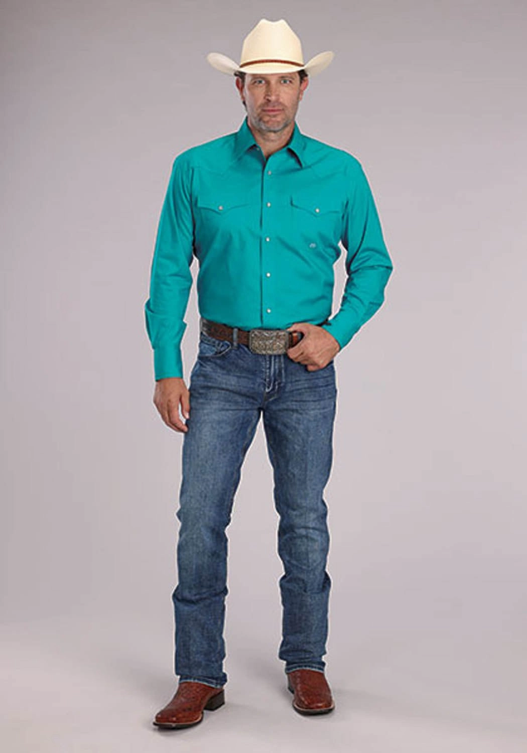 Roper Mens 2509 Stretch Poplin Turquoise Cotton Blend L/S Shirt Non Chafe Seams