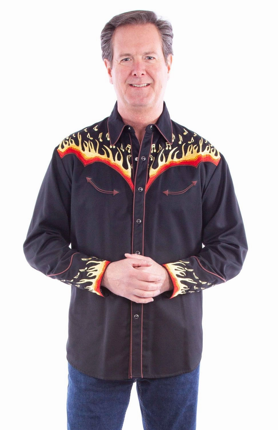 Scully Mens Embroidered Flames Black Poly/Cotton L/S Shirt Timeless Classic