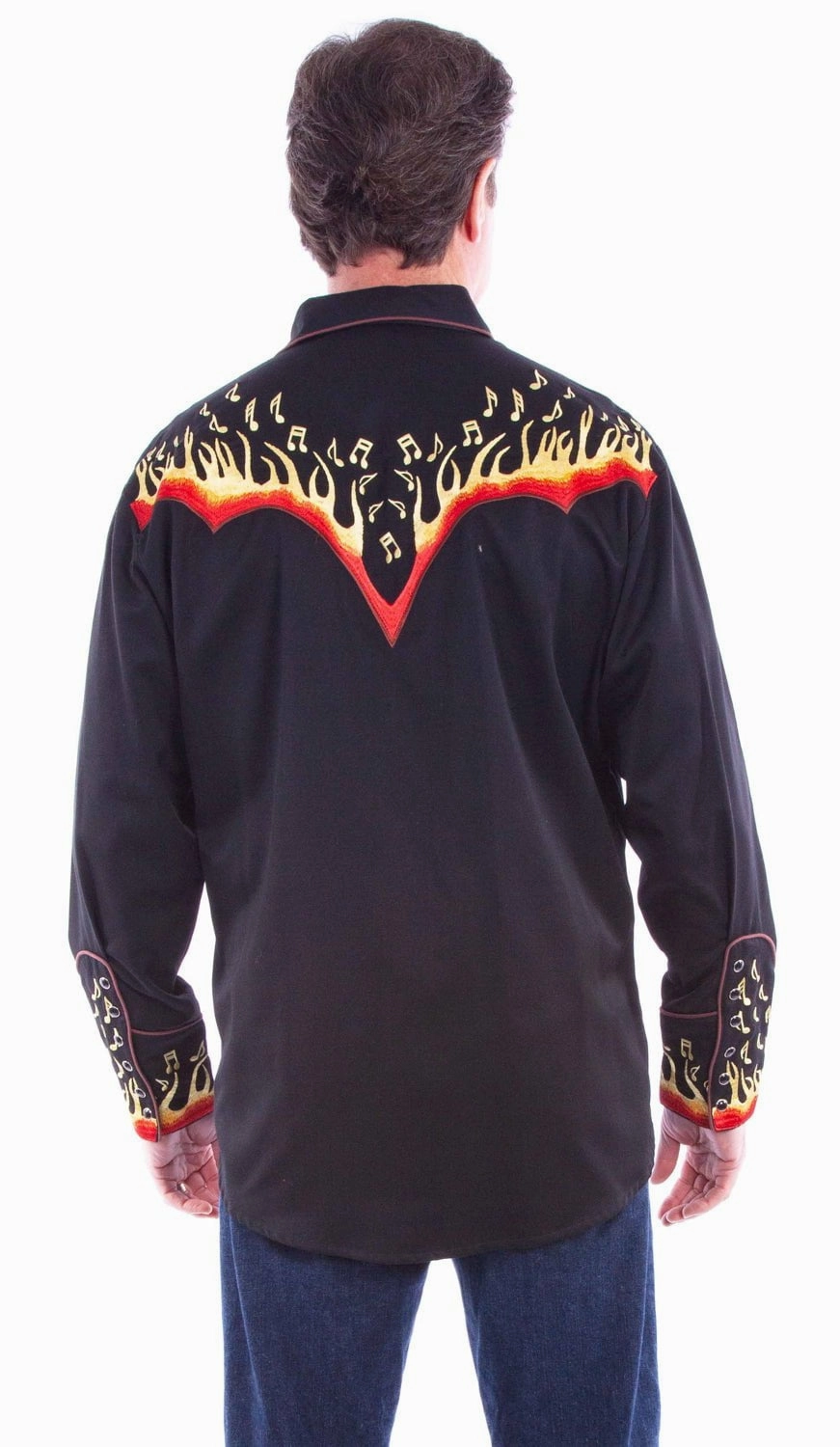 Scully Mens Embroidered Flames Black Poly/Cotton L/S Shirt Anti Pilling Surface