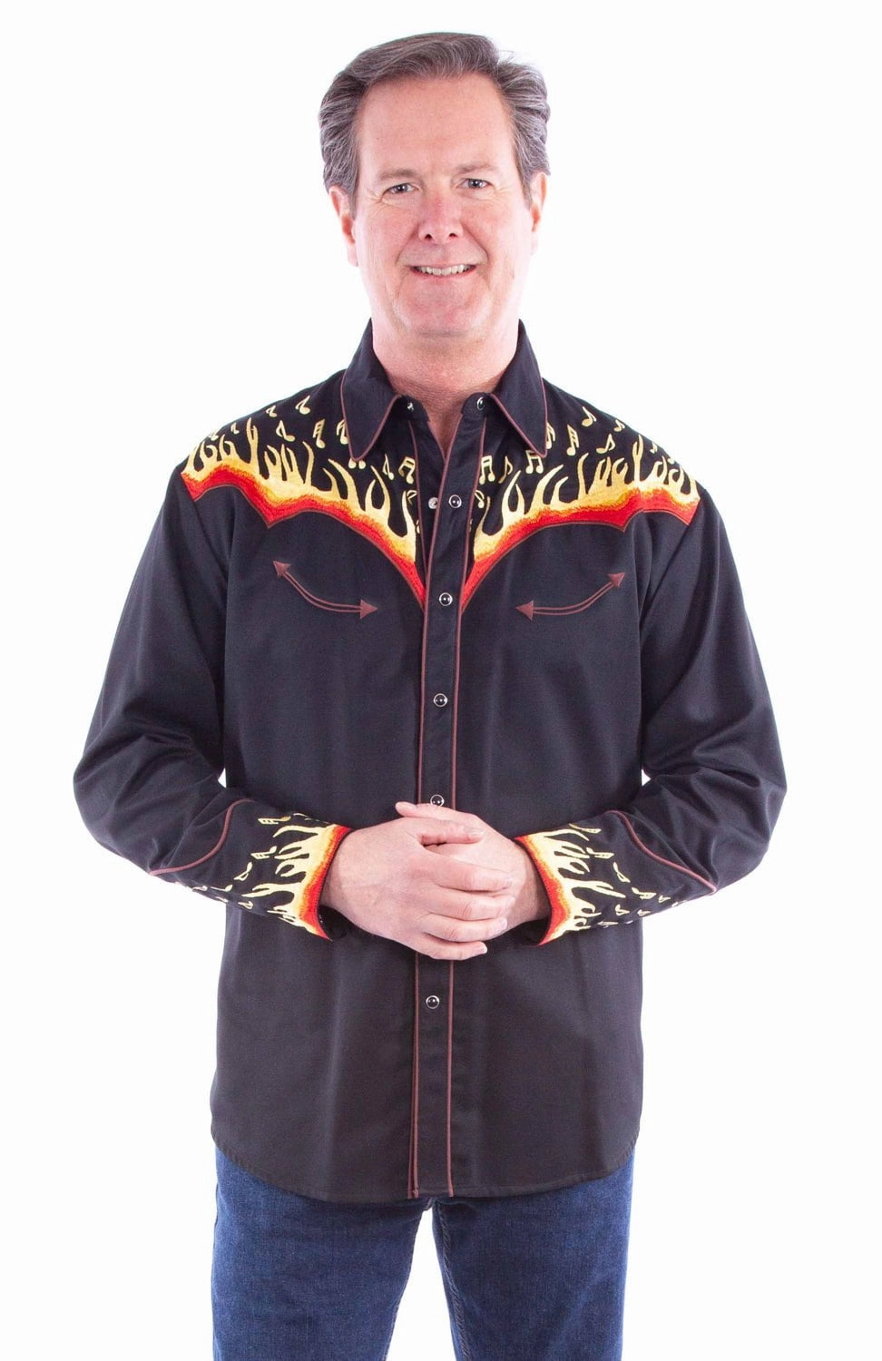 Scully Mens Embroidered Flames Black Poly/Cotton L/S Shirt Functional Comfort Tear Resistant Reinforcement