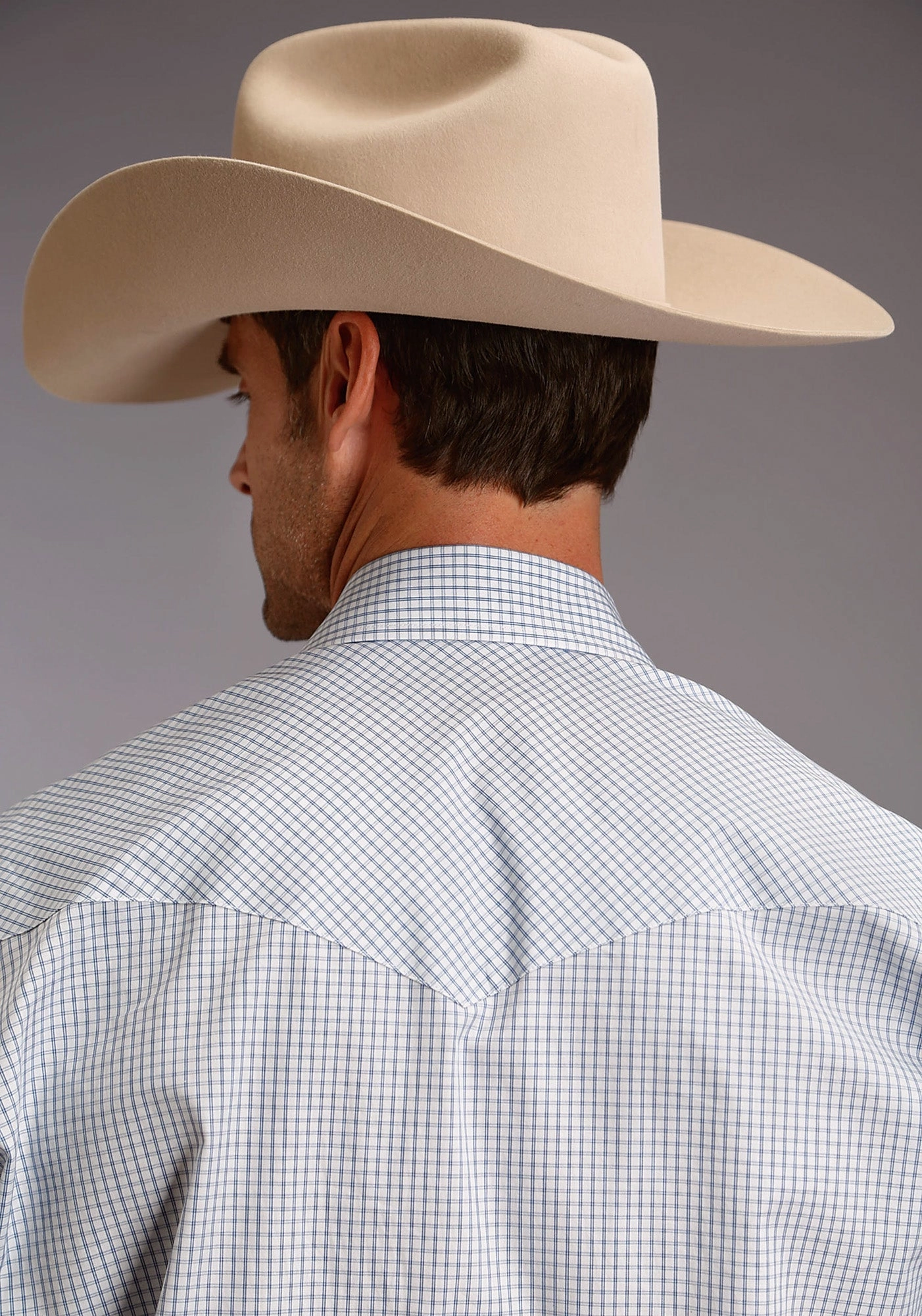 Stetson Mens Light Blue 100% Cotton Two Stripe Check L/S Shirt Anniversary Special Stretch Fit Technology