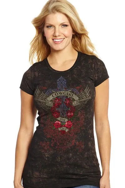 Holiday Outfit Cowgirl Up Womens Vintage Black 100% Cotton For Life V-Neck T-shirt S/S