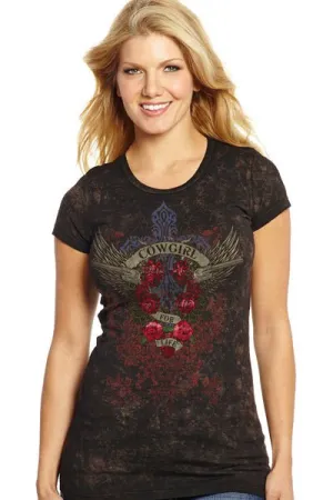 Drop Shoulder Cowgirl Up Womens Vintage Black 100% Cotton For Life V-Neck T-shirt S/S Fashion Essential Flexible Placket Structure Cowgirl Up Womens Vintage Black 100% Cotton For Life V-Neck T-shirt S/S