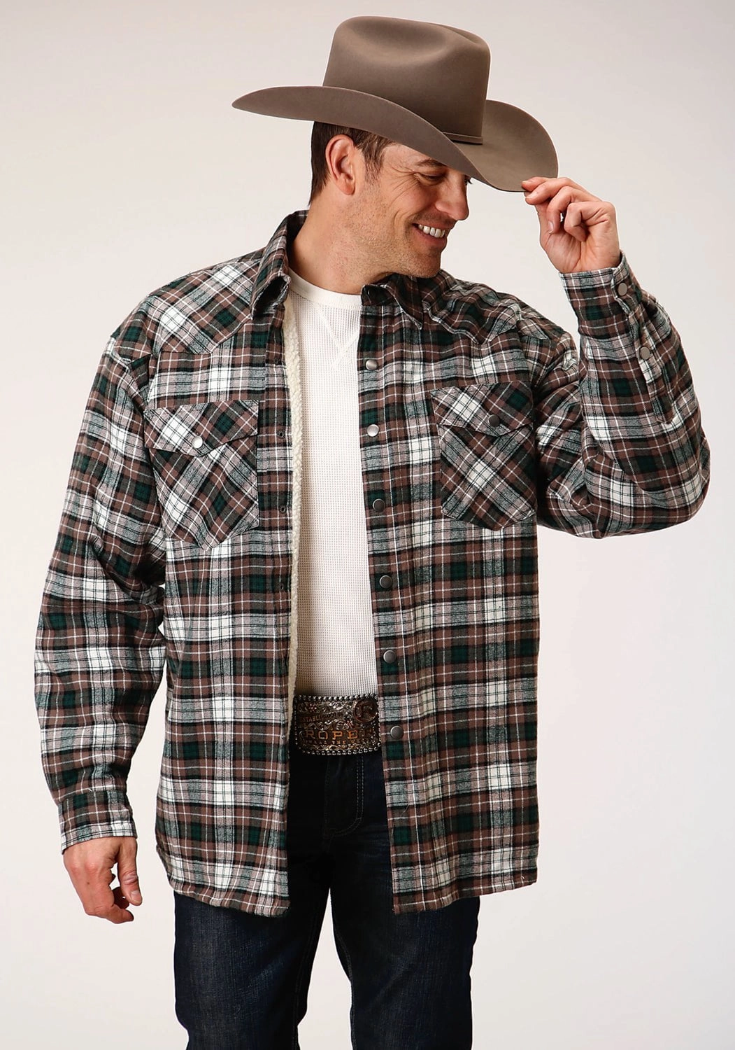 Seasonal Style Roper Mens Tan 100% Cotton Sherpa Flannel Plaid L/S Tall Shirt