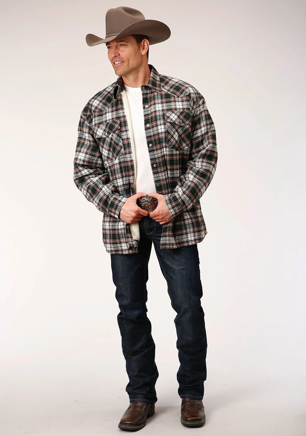 Standalone Option Roper Mens Tan 100% Cotton Sherpa Flannel Plaid L/S Tall Shirt