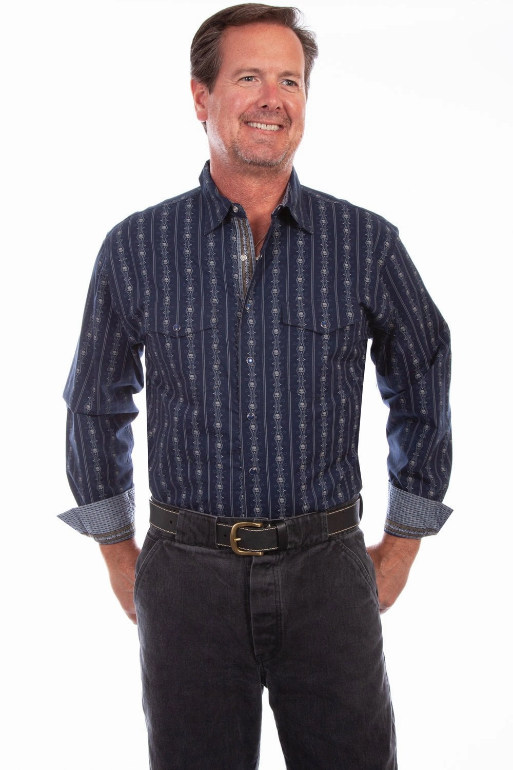 Scully Mens Skull Stripe Navy 100% Cotton L/S Shirt XL Lightweight Weave