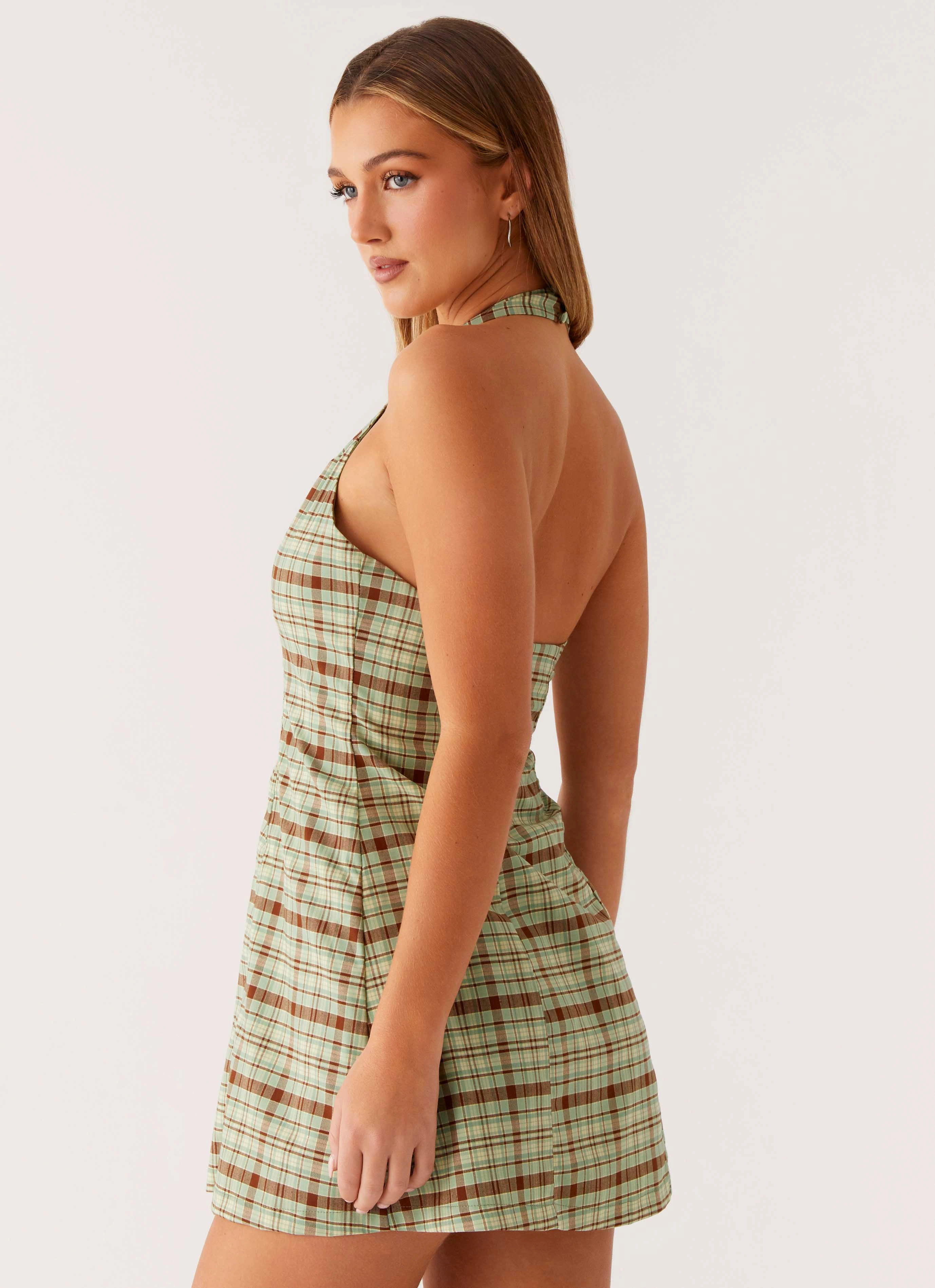 Dunia Halter Mini Dress - Forest Plaid Halter-Neck