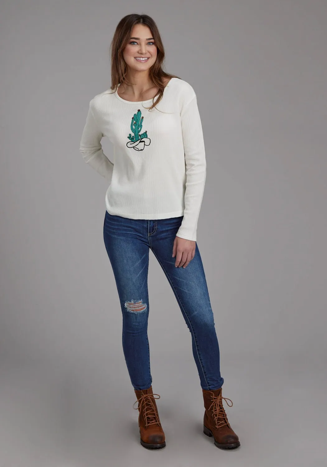 Multi Layer Knee Reinforcement Match With All Roper Womens Cactus in Hat Cream Cotton Blend L/S T-Shirt