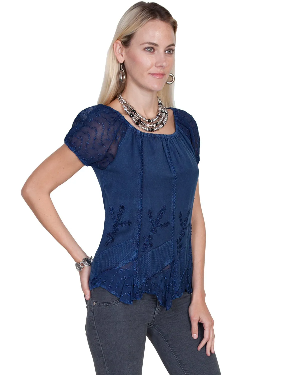 Scully Honey Creek Womens Blue 100% Rayon S/S Multi-Fabric Blouse Active Lifestyle