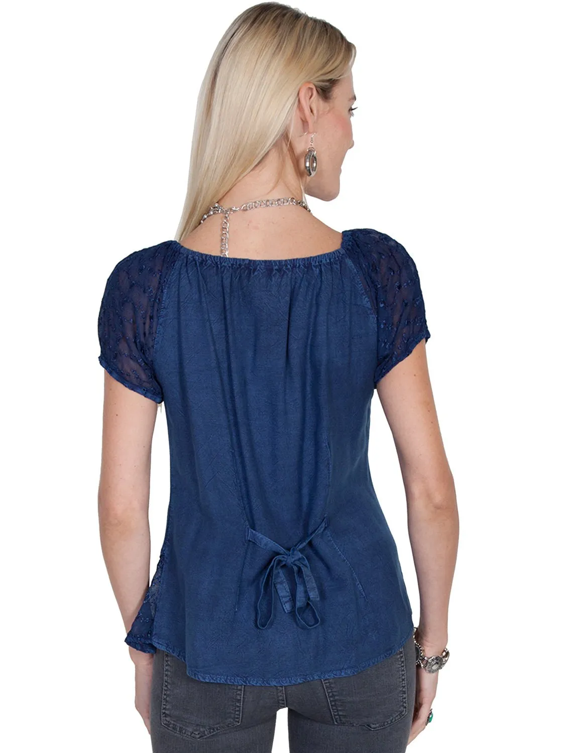 Roll-Up Sleeve Durable Button Closures Scully Honey Creek Womens Blue 100% Rayon S/S Multi-Fabric Blouse