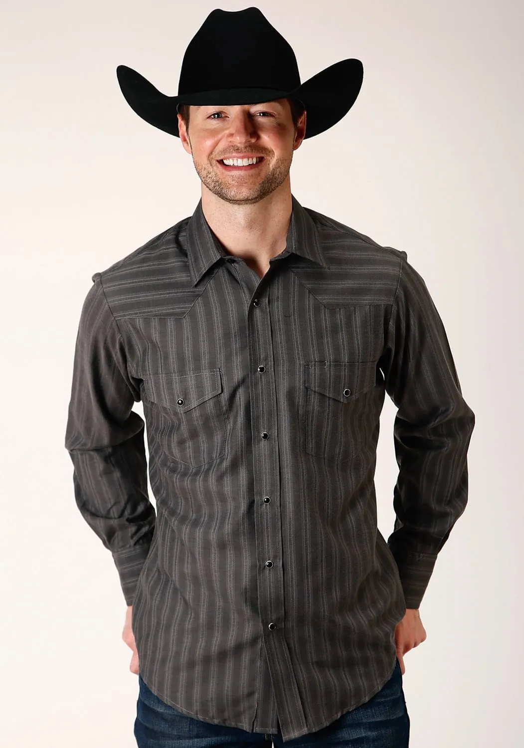 Roper Mens Charcoal Cotton Blend Dobby Stripe L/S Tall Shirt Artistic Design Relaxed Style