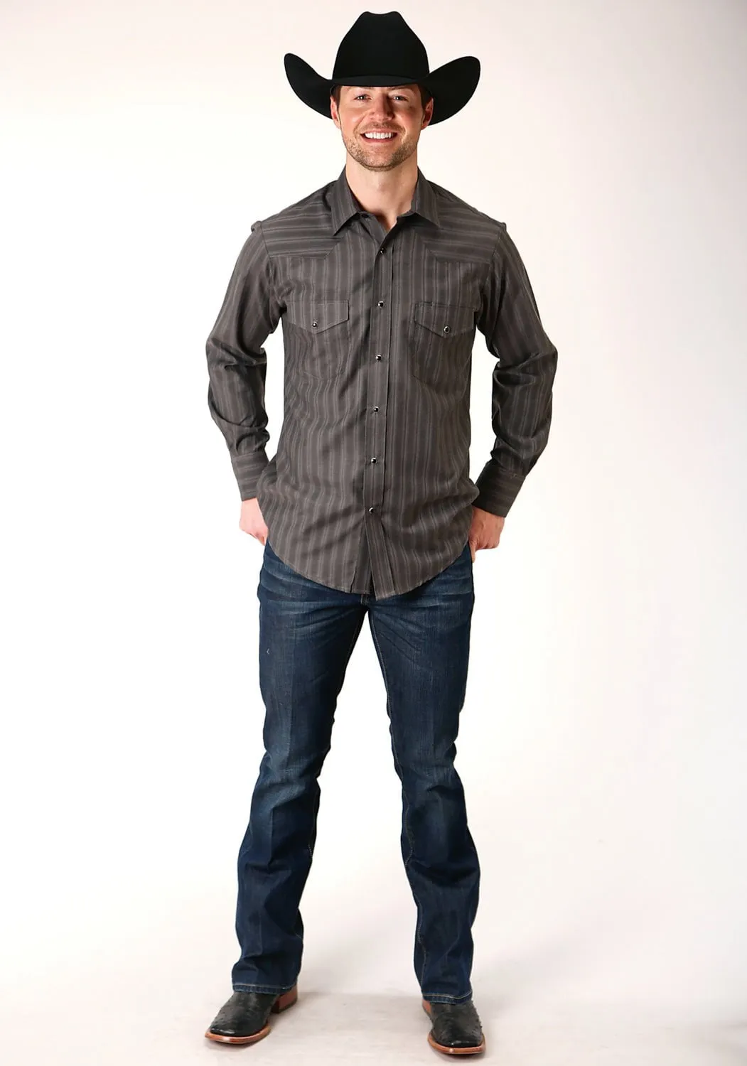 Roper Mens Charcoal Cotton Blend Dobby Stripe L/S Tall Shirt Button Down Design