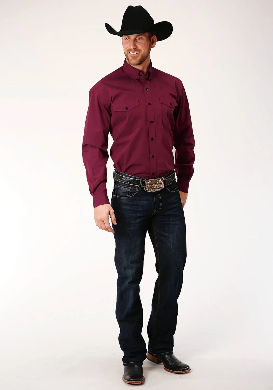 Timeless Fit Roper Mens Wine 100% Cotton Solid Black Fill BD L/S Btn Shirt