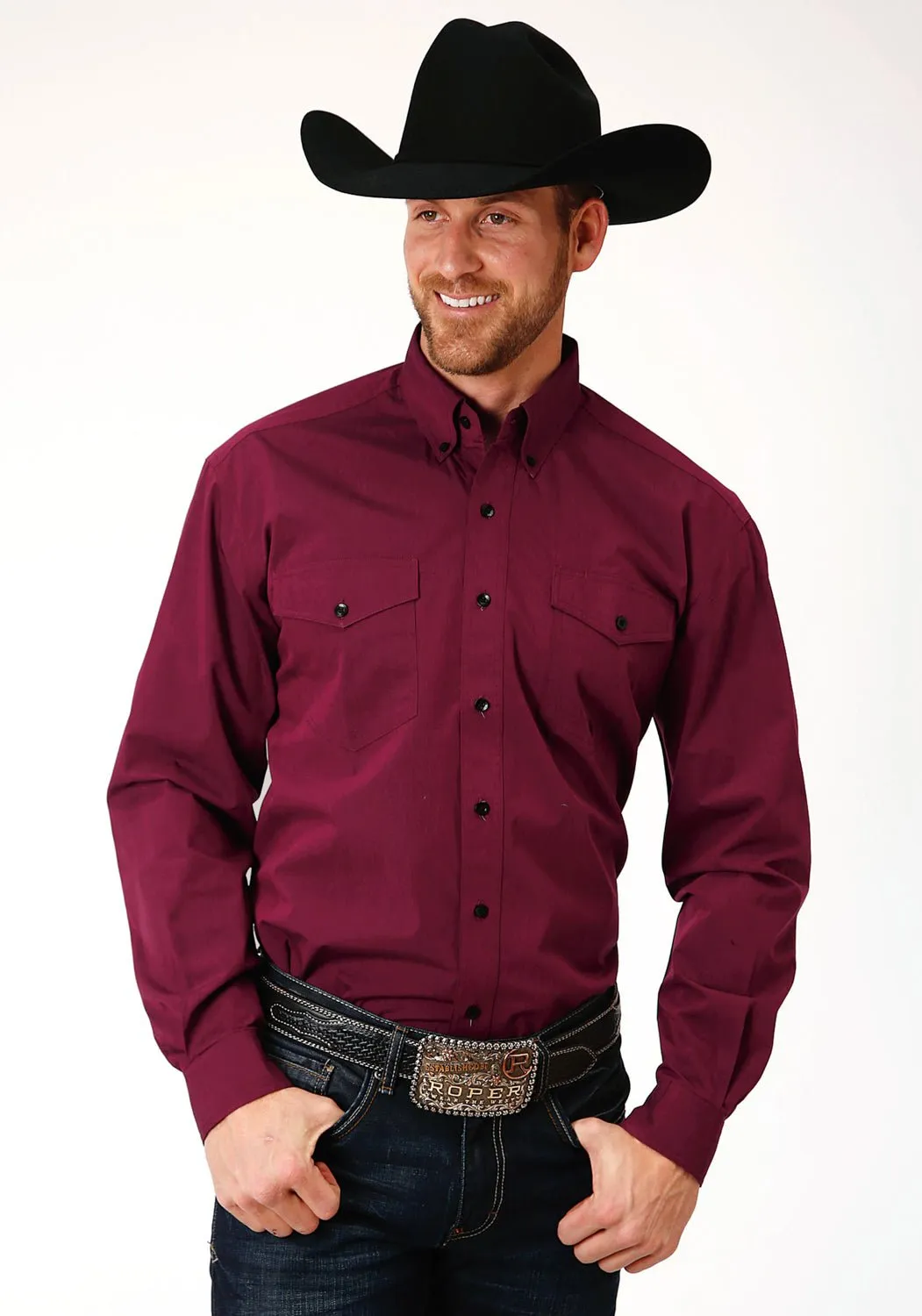 Roper Mens Wine 100% Cotton Solid Black Fill BD L/S Btn Shirt Mature appeal Comfy Fit