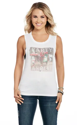 Durable Comfort Cowgirl Up Womens Party Animal Flowy White Polyester S/L Tank Top Cowgirl Up Womens Party Animal Flowy White Polyester S/L Tank Top checkered pattern Classic Fit