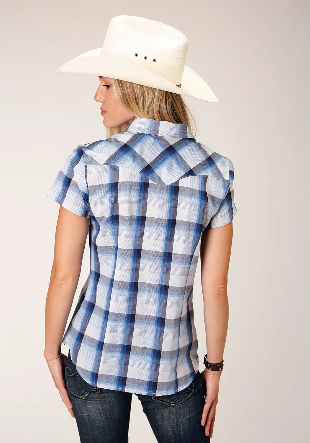 Urban Fashion Roper Womens 1631 Multi Plaid Blue/White Cotton Blend S/S Shirt