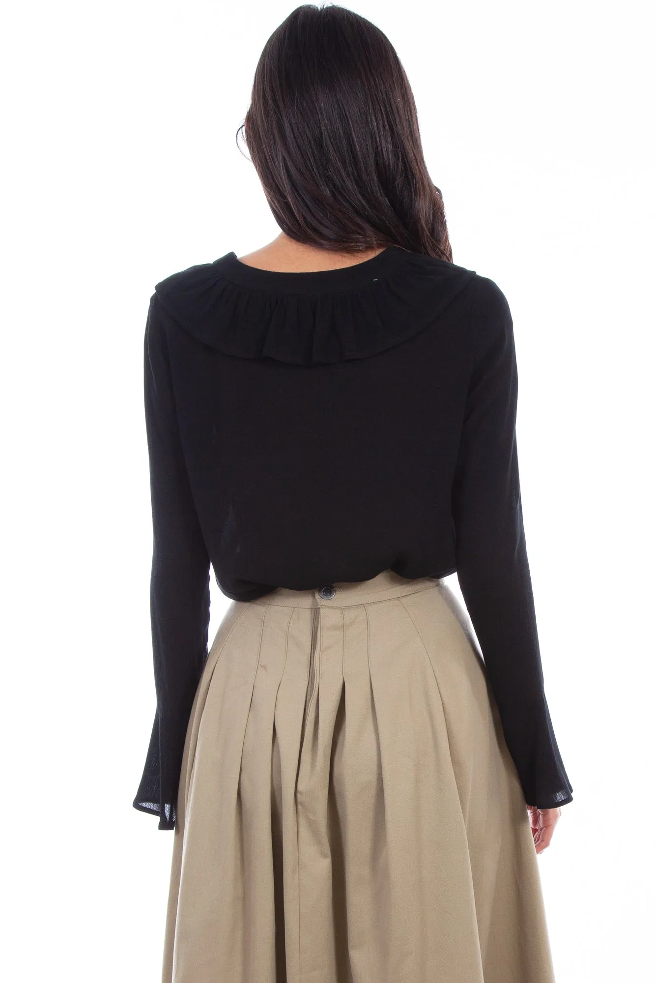 Night Out Bold Look Morning Stroll Evening Stroll Trend Setter Scully Womens Black Rayon Ruffle Front L/S Blouse