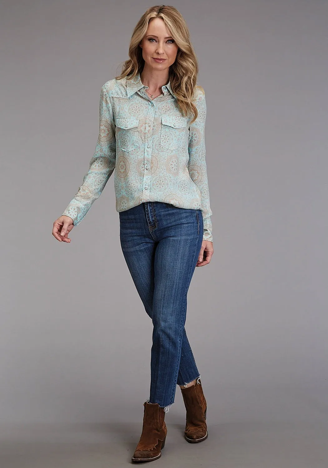 Stetson Womens 1986 Mandala Print Aqua 100% Rayon L/S Shirt Breathable Cotton adult clothing