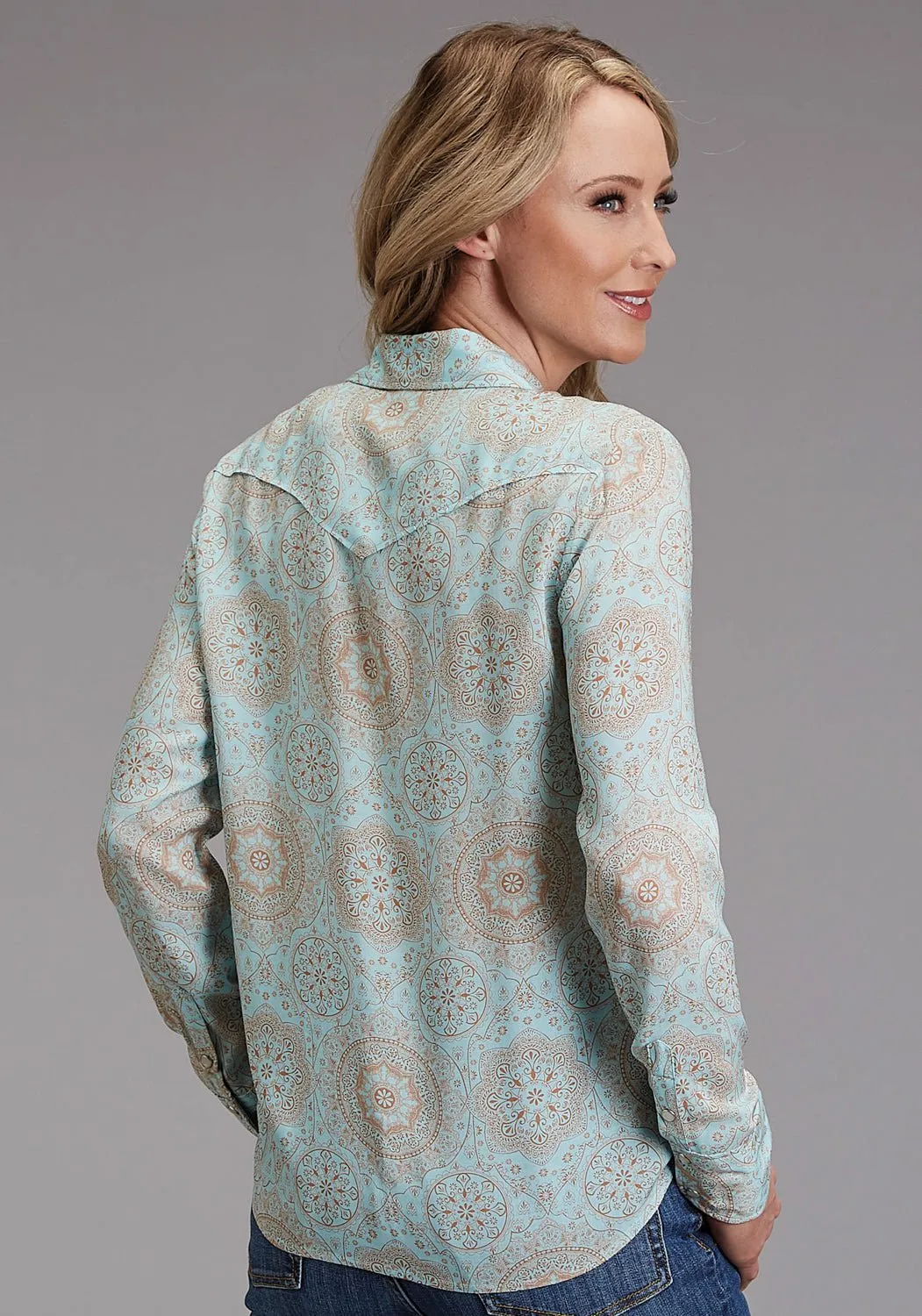 Stetson Womens 1986 Mandala Print Aqua 100% Rayon L/S Shirt Indoor Comfort