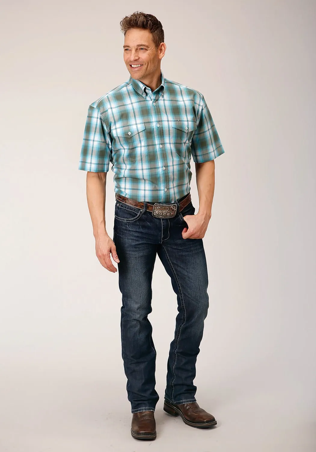 natural fiber Timeless Wardrobe Roper Mens 1555 Meadow Plaid Green 100% Cotton Btn S/S Shirt