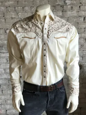 Durable Triple Stitching Rockmount Mens Ivory/Tan 100% Cotton Vintage Tooling Western L/S Shirt Tear Resistant Reinforcement Rockmount Mens Ivory/Tan 100% Cotton Vintage Tooling Western L/S Shirt