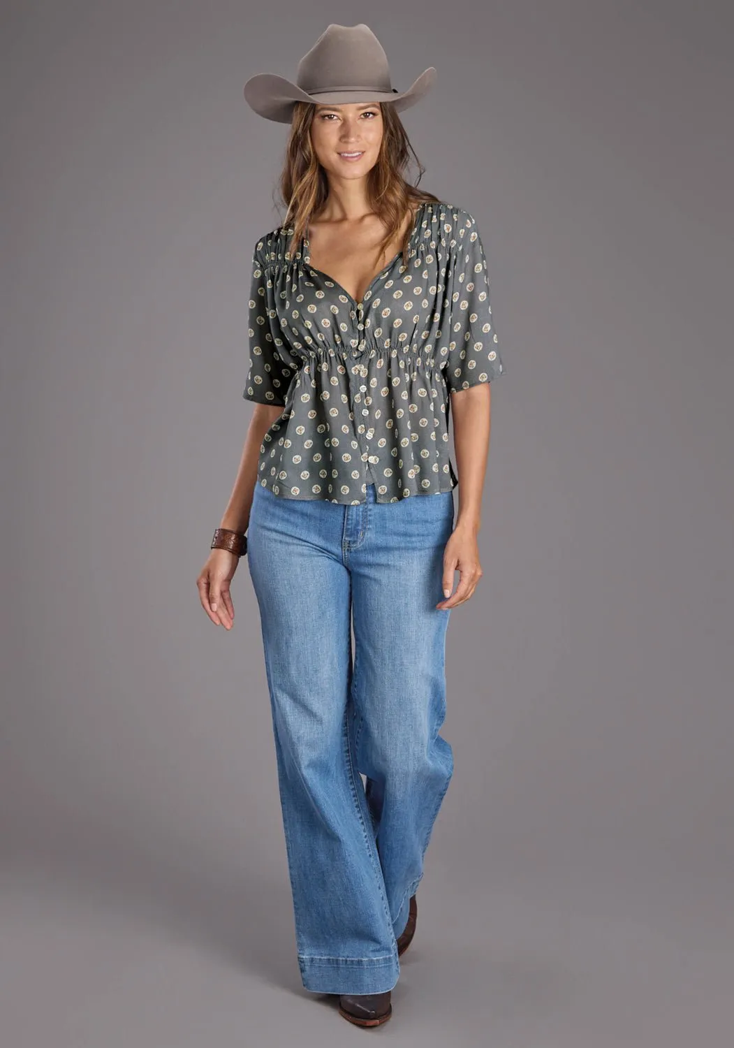 Everyday Look Eco Friendly Dye Stetson Womens 2440 Horse Pennies Grey 100% Rayon S/S Blouse
