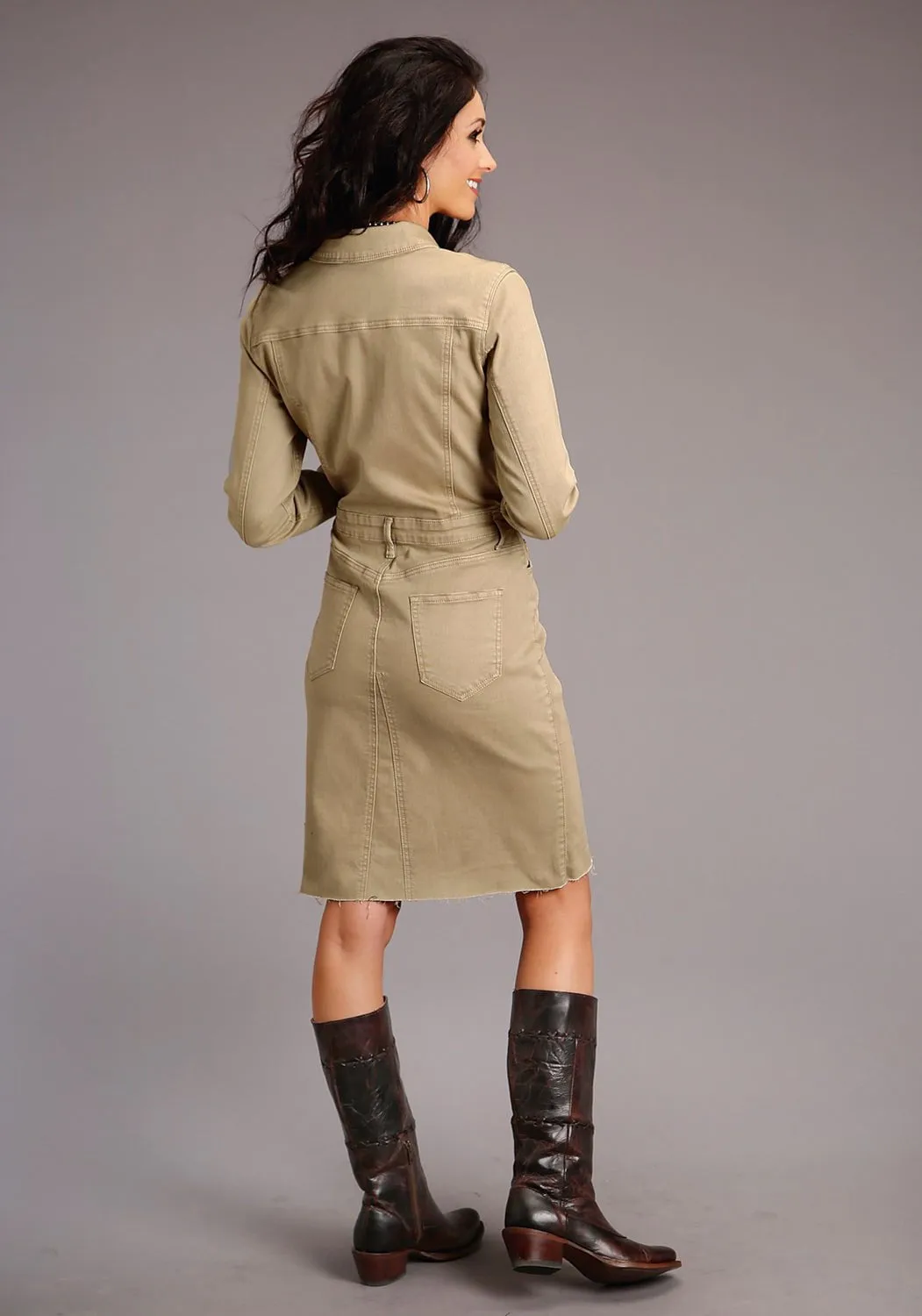 Trend Setter Sunny Vibes Stetson Womens Stretch Twill Denim Khaki Cotton Blend L/S Dress