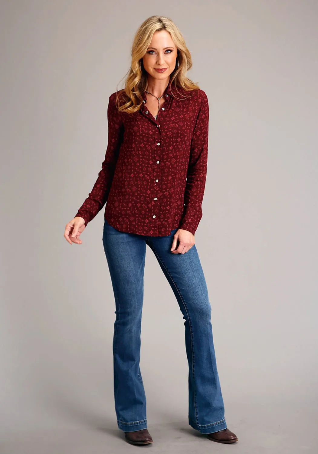 Stetson Womens Ditzy Western Wine 100% Rayon L/S Shirt All-Season Wear