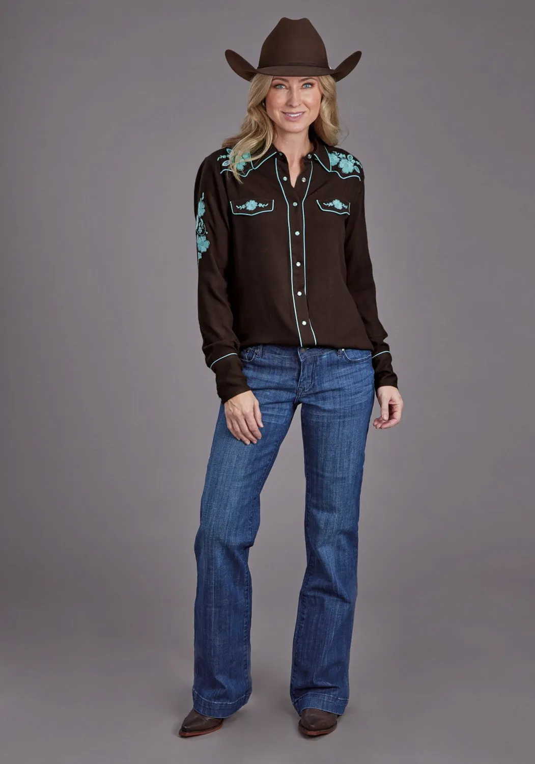 Embellished Neckline Stetson Womens Floral Retro Western Brown 100% Rayon L/S Shirt